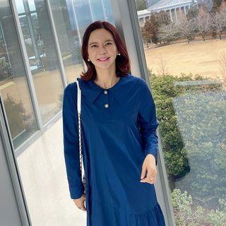 Collared Ruffled Long Dress Navy Blue - One Size