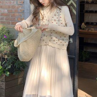 Long-sleeve Knit Midi A-line Dress / Button-up Sweater Vest