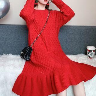 Ruffle Hem Cable-knit Sweater Dress
