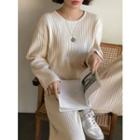Set: Round-neck Knit Top + Wide-leg Pants Cream - One Size