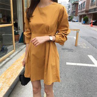 Balloon-sleeve Pleated Flare Dress Mustard Yellow - One Size