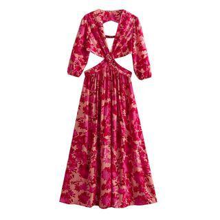 Puff-sleeve Floral Open Back A-line Dress