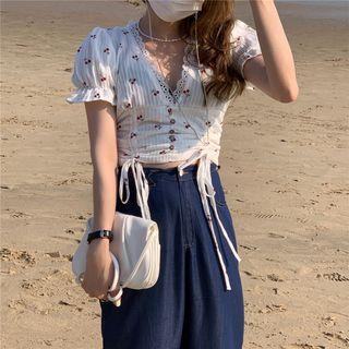 Puff-sleeve Cherry Print Drawstring Blouse