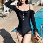 Long-sleeve Cold Shoulder Ruffled Swimsuit