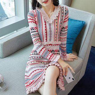 Long-sleeve Patterned A-line Mini Knit Dress