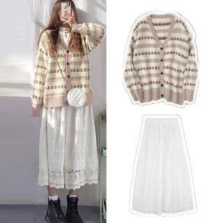V-neck Jacquard Knit Jacket / Lace Embroidered Long Semi Skirt