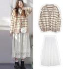 V-neck Jacquard Knit Jacket / Lace Embroidered Long Semi Skirt