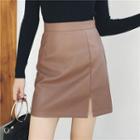 Faux Leather Slit-front Mini A-line Skirt