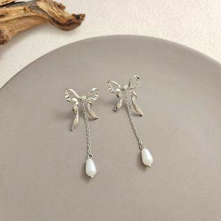 Ribbon Faux Pearl Alloy Dangle Earring 1 Pair - Dangle Earring - Silver - One Size