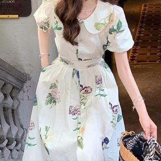 Set: Puff-sleeve Floral Shirt + Midi A-line Skirt