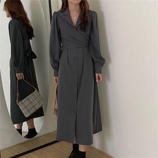 Long-sleeve Notch Lapel Midi A-line Dress
