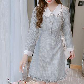 Long-sleeve Contrast Trim Frayed Mini Princess Dress