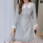 Long-sleeve Contrast Trim Frayed Mini Princess Dress