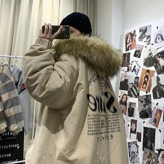 Lettering Furry Trim Hooded Fleece-lined Coat