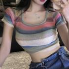 Short-sleeve Color Block Striped Knit Top Pink & Blue & Light Green - One Size