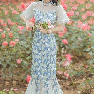 Short-sleeve Mesh Panel Floral Print Midi Mermaid Dress