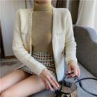 V-neck Braided Trim Cardigan / Turtleneck Knit Top / Patterned Mini A-line Skirt