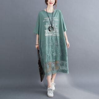 Lettering Lace Panel Midi Shift Dress