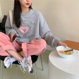 Floral Embroidered Pullover / Corduroy Wide Leg Pants