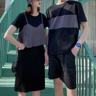 Couple Matching Short-sleeve T-shirt / Shorts / Short-sleeve Mock Two-piece Midi Dress
