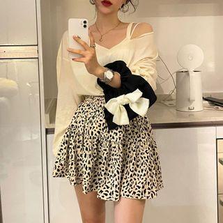 Long-sleeve Off-shoulder Top / A-line Skirt