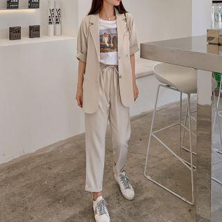 Set: Short-sleeve Single-breasted Blazer + Cropped Straight Leg Pants