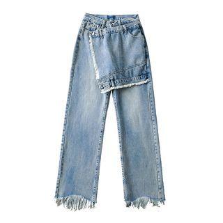 Mock Two-piece Frayed Loose Fit Jeans