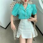 Puff-sleeve Faux Pearl Blouse / High-waist Mini A-line Skirt