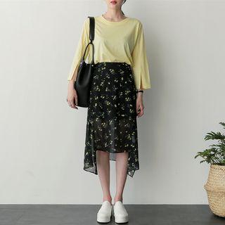 Flower Print Asymmetric Hem Midi Skirt