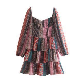 Long-sleeve Print Layered Mini A-line Dress
