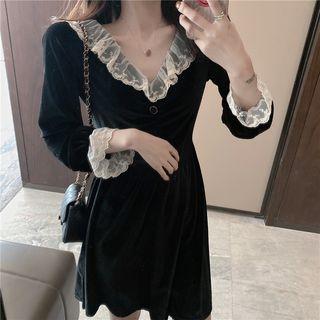 Long-sleeve Lace Trim Velvet Dress