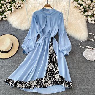 Long-sleeve Tie-neck Floral Print Panel A-line Dress