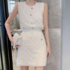 Sleeveless Button-up Knit Top / Mini Pencil Skirt