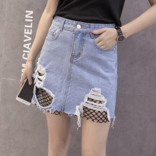 Ripped Fishnet Fitted Mini Skirt