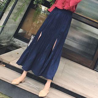 Pleated Slit Midi A-line Skirt