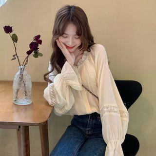 Long-sleeve Frill Trim Button-up Blouse Almond - One Size