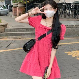 Puff-sleeve Plaid Mini A-line Dress Rose Pink - One Size