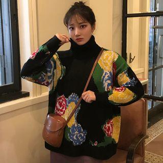 Turtleneck Flower Pattern Sweater