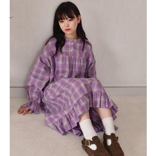 Plaid Long-sleeve Midi Dress As Shown In Figure - One Size