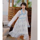 Hanfu Set: Bell-sleeve Printed Top + Strapless Maxi Dress