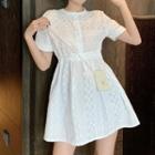 Plain Drawstring Short-sleeve Dress White - One Size