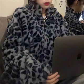 Leopard Print Zip Jacket Leopard - Gray & Black - One Size