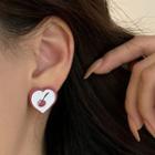Heart Sterling Silver Ear Stud 1 Pair - Red & White - One Size