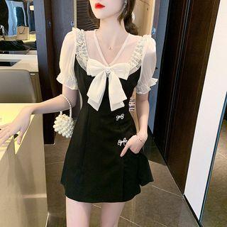 Set: Puff-sleeve Lace Ruffle Bow A-line Dress + Shorts