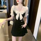 Set: Puff-sleeve Lace Ruffle Bow A-line Dress + Shorts