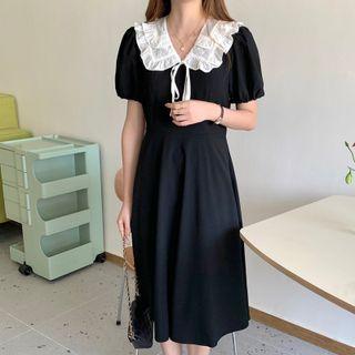 Puff Sleeve Peter Pan-collar Dress Black - One Size