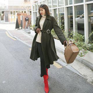 Belted Wool Blend Long Wrap Coat