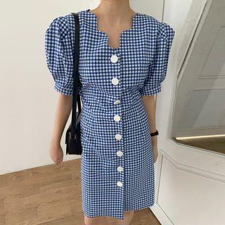 Notch Neck Short-sleeve Plaid A-line Dress