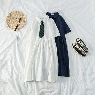 Plain Short-sleeve Shirtdress With Tie