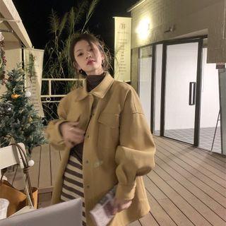 Plain Puff-sleeve Coat Khaki - One Size